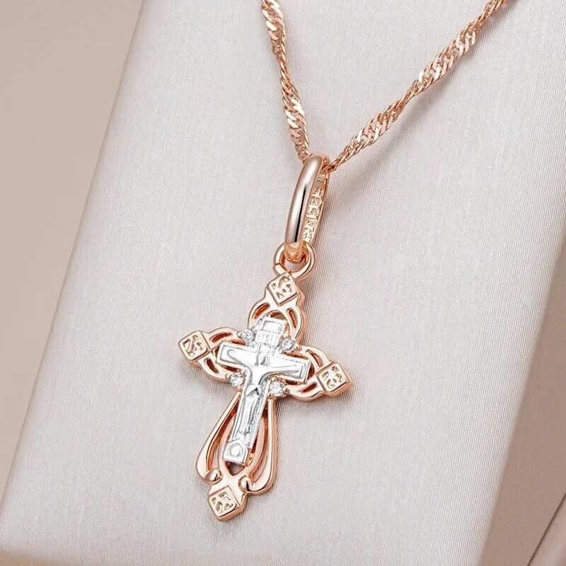 Jesus Kreuz Halskette Anhänger 585 RG Rotgold Rosegold mit Zirkon 42 cm + 6 cm.