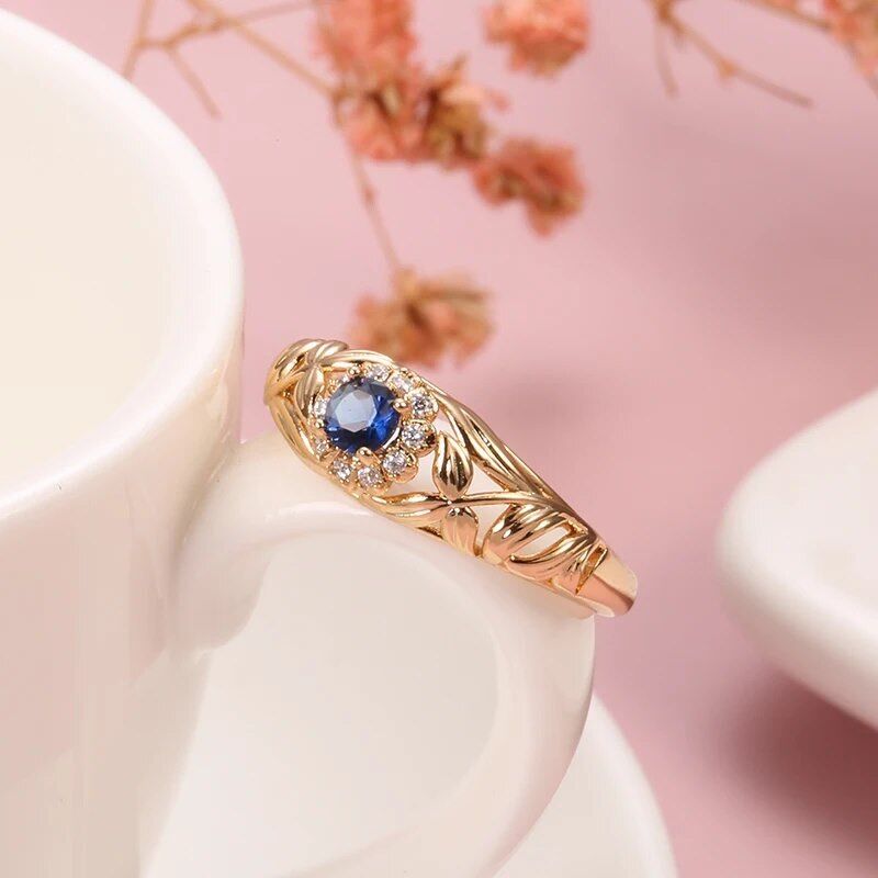 Eleganter Luxus Ring 585 RG Rotgold Rosegold Saphir blauen Zirkon 59 (18,8 mm Ø)