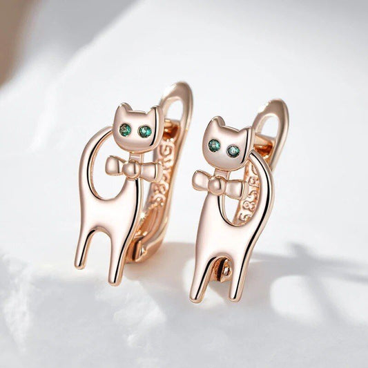 Kinder Katzen Ohrringe Creolen 585 RG Rotgold Rosegold mit grünen Zirkon 3,2g