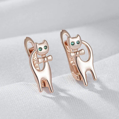 Kinder Katzen Ohrringe Creolen 585 RG Rotgold Rosegold mit grünen Zirkon 3,2g