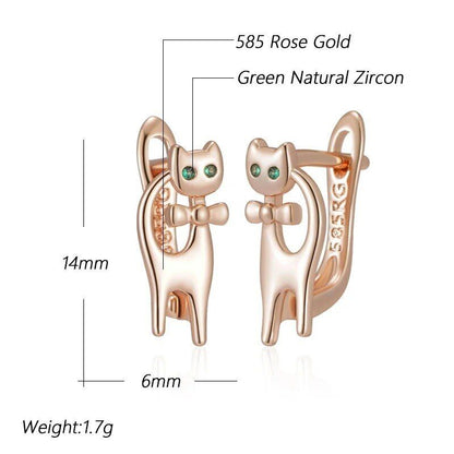 Kinder Katzen Ohrringe Creolen 585 RG Rotgold Rosegold mit grünen Zirkon 3,2g