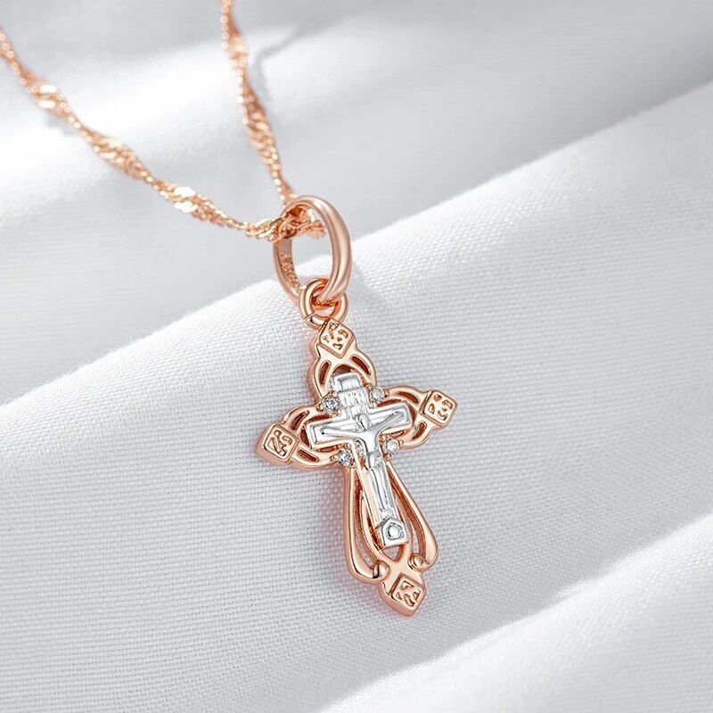 Jesus Kreuz Halskette Anhänger 585 RG Rotgold Rosegold mit Zirkon 42 cm + 6 cm.